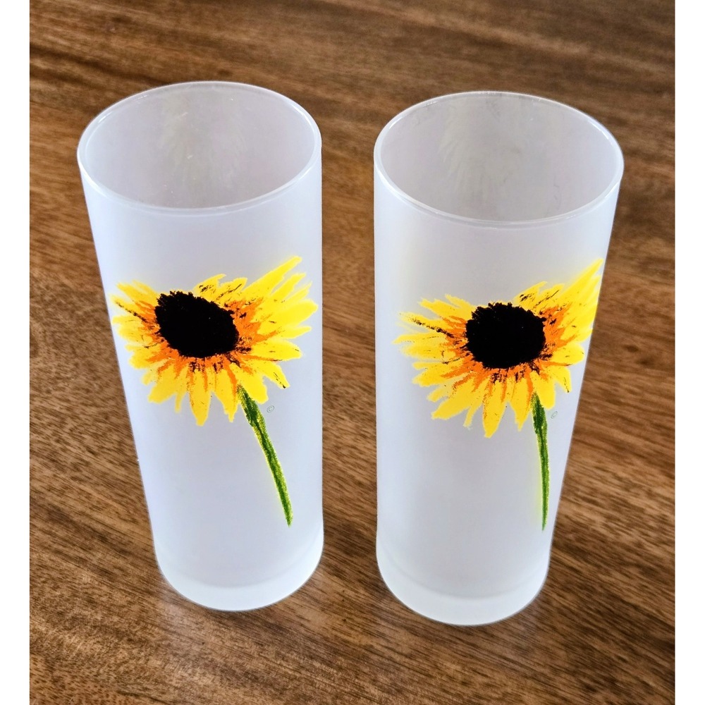 VTG Dartington Designs Floral Sunflower Frosted Highball Glasses Set Of 2 NWOT